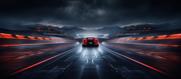 La voiture se déplace à grande vitesse la nuit sur la route avec les lumières allumées à grande vitesse image générée par l'IA