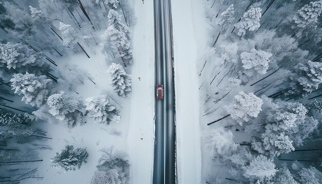 la voiture se déplace le long d'une route de forêt enneigée