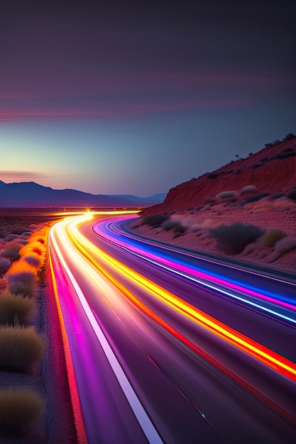 La voiture se précipite sur l'autoroute une piste nocturne avec des lumières colorées les lumières de la voiture nuit