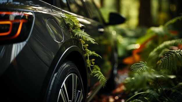 Voiture sombre sur une route forestière photographie macro Copier l'espace Photo pour bannière