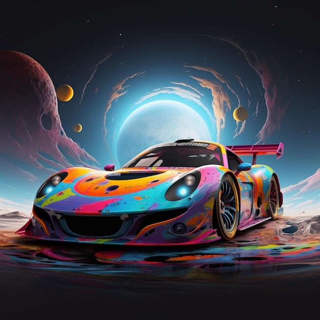 Une voiture de sport aux couleurs vives dans une scène spatiale surréaliste ai générative