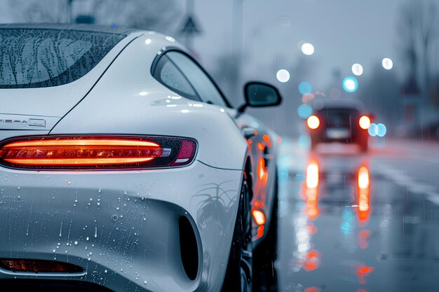 Une voiture de sport blanche conduisant dans une rue humide la nuit avec une voiture derrière elle et un fond flou