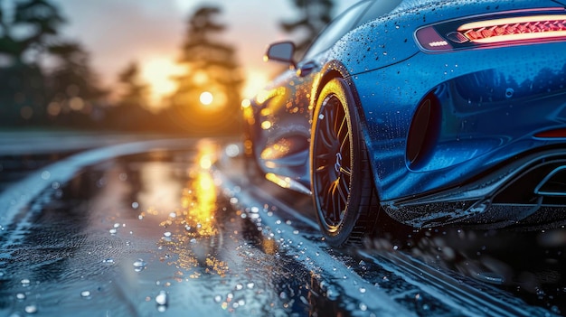 une voiture de sport bleue dans la ville la nuit