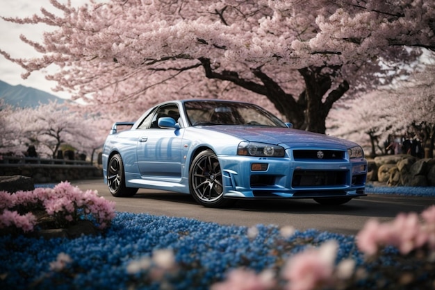 Une voiture de sport bleue sur le fond de fleurs de cerisier