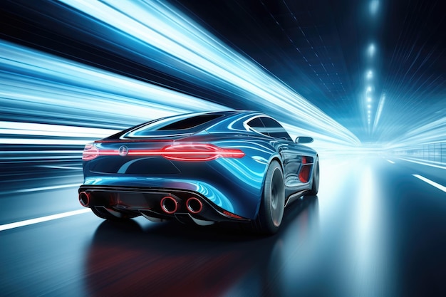 Une voiture de sport bleue à grande vitesse traversant un tunnel montrant sa puissance et son élégance Vue arrière de la voiture d'affaires bleue à grande vitesse à son tour générée par l'IA