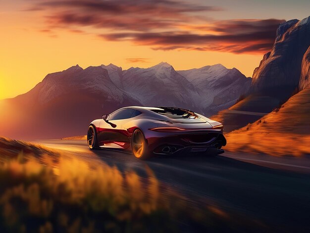 Une voiture de sport brillante traverse le paysage montagneux au coucher du soleil.