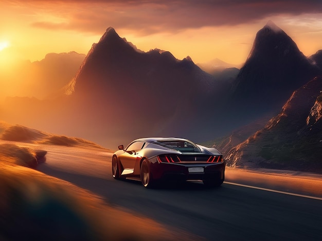 Une voiture de sport brillante traverse le paysage montagneux au coucher du soleil.