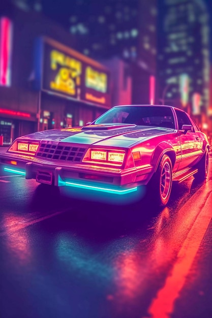 La voiture de sport classique Retro Nights illumine la rue de Miami dans un style rétroonde généré par l'IA