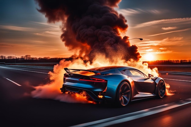 voiture de sport électrique ev explosion de batterie brûler feu flammes coucher de soleil sur l'autoroute