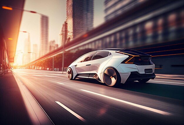 Voiture de sport électrique roulant sur la route du matin dans la future ville Créée avec la technologie Generative AI