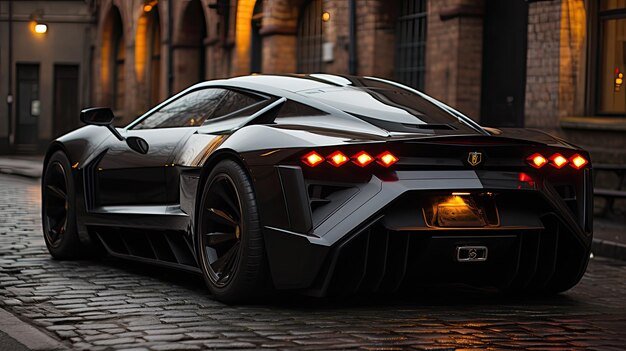 Photo voiture de sport futuriste sur l'autoroute au néon puissante accélération d'une supercar sur une piste de nuit avec