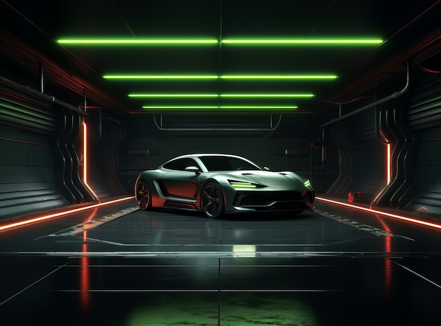 Une voiture de sport futuriste dans un garage Sci Fi souterrain avec des lumières fluorescentes au néon vert