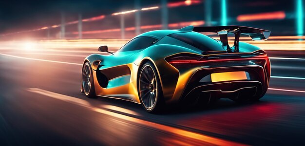 Voiture de sport futuriste sur Neon Highway Accélération puissante d'une supercar sur une piste de nuit avec col