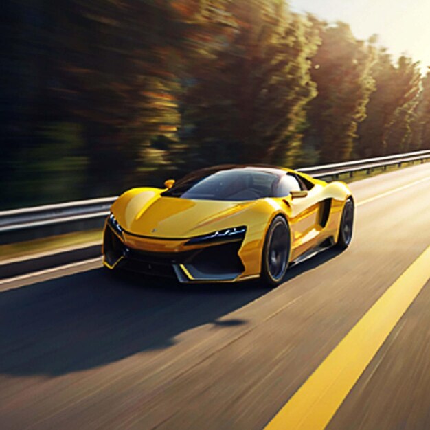Une voiture de sport jaune sur l'autoroute Une voiture en mouvement rapide Une supercar en mouvement rapide dans la rue