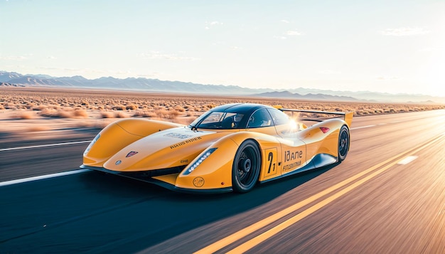 Une voiture de sport jaune déchire l'asphalte sur un tronçon solitaire de l'autoroute du désert.