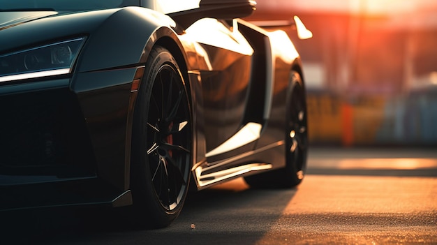 Une voiture de sport lamborghini noire est garée sur une route avec le coucher de soleil derrière elle.