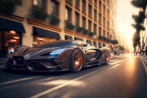 Une voiture de sport de luxe roule vite dans la rue de la ville Une voiture futuriste se déplace rapidement AI générative