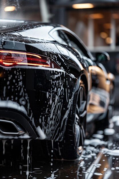 Voiture de sport noire de luxe recevant un lavage professionnel au shampooing avec un espace pour le texte