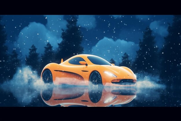 Une voiture de sport orange est dans la neige avec le mot lotus sur le côté.