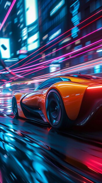 Une voiture de sport orange vif à grande vitesse éclairée par des néons vibrants dans une rue de la ville futuriste