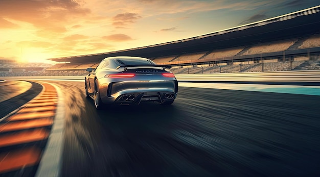 une voiture de sport sur une piste dans le stade au coucher du soleil dans le style fait de caoutchouc