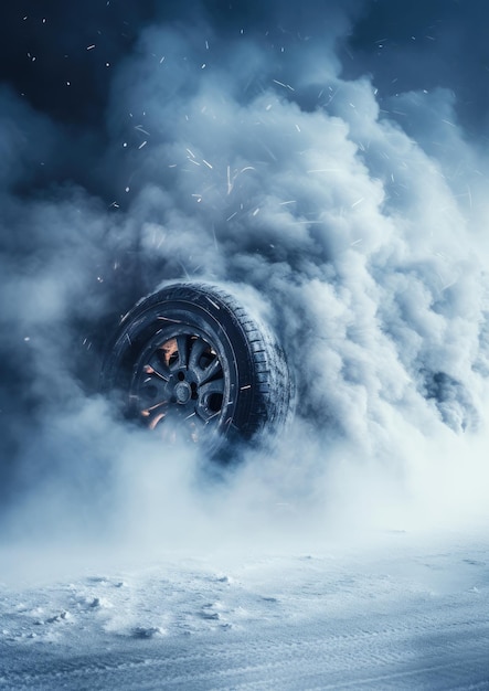 Voiture de sport rapide à la dérive sur une route enneigée et mouillée avec incendie d'accident de voiture à dérapage Ai générative