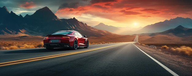 Voiture de sport rapide sur route avec des montagnes en forme en arrière-plan voyage à l'étranger concept panorama