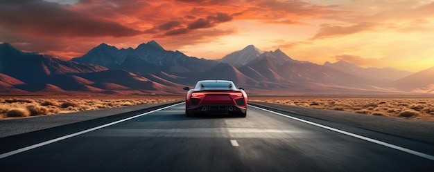 Voiture de sport rapide sur route avec des montagnes en forme en arrière-plan voyage à l'étranger concept panorama