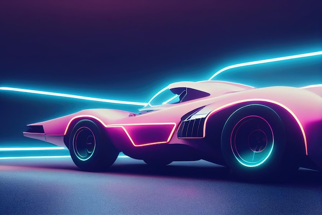 Voiture de sport rétro futuriste à ondes synthétisées avec contours de rétroéclairage au néon