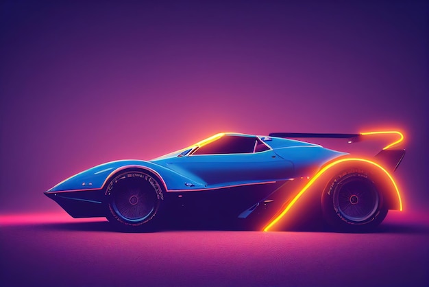 Voiture de sport rétro futuriste à ondes synthétisées avec contours de rétroéclairage au néon