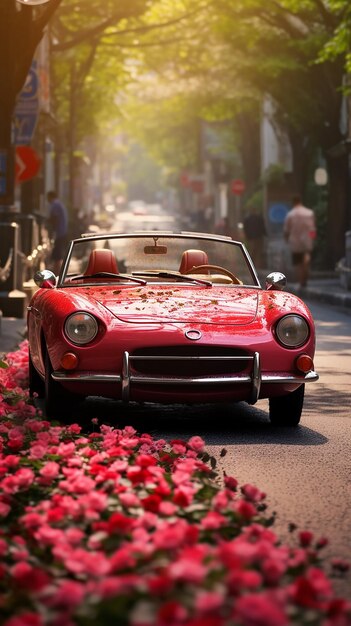 Photo une voiture de sport rouge au milieu de la route avec des décorations de fleurs dessus