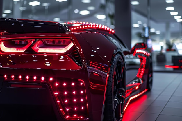 Photo une voiture de sport rouge et noire éclairée dans une salle d'exposition