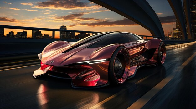 une voiture de sport rouge sur un pont