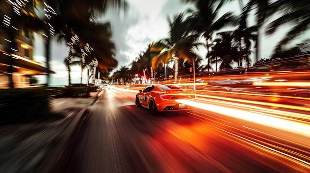 Une voiture de sport roule le long de la côte de Miami Beach entourée de palmiers émettant une vitesse