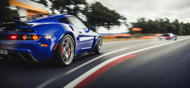Une voiture de sport roule sur la piste avec une bannière de vue arrière à vitesse folle AI générative