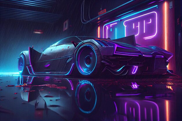 Une voiture de sport de style cyberpunk sur un sol de garage mouillé avec des rayures de néon bleu vif