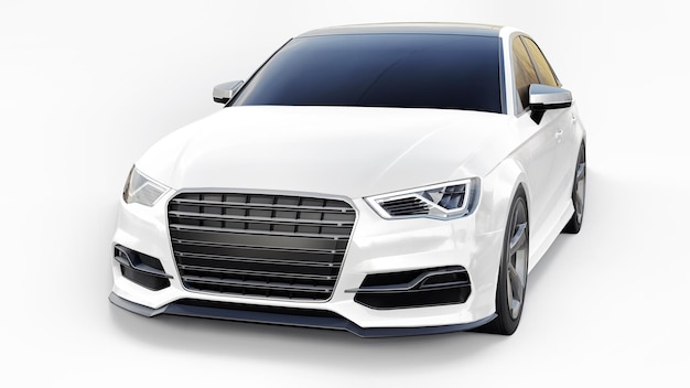 Voiture de sport super rapide couleur blanche sur fond blanc. Berline en forme de carrosserie. Tuning est une version d'une voiture familiale ordinaire. rendu 3D.