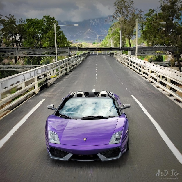 une voiture de sport violette descend une route avec une montagne en arrière-plan