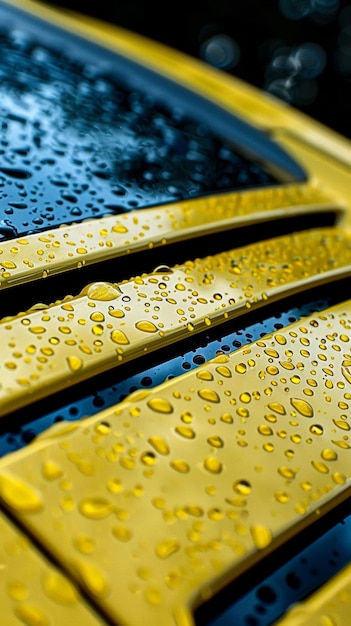 une voiture de sport vue complète Illustration jaune avec goutte de pluie et fond bleu goutte d'eau photographie de papier peint frais