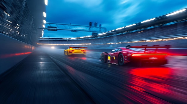 Voiture sportive mouvement flou de course entre deux voitures dans la pluie de l'heure bleue avec des lumières sur la route Voiture sport sur l'asphalte mouillé haute vitesse