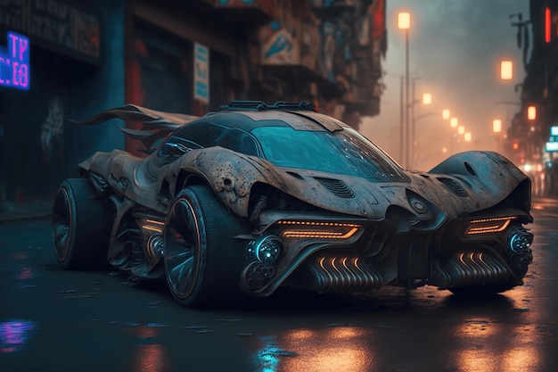 Voiture de style cyberpunk dans la rue de la ville du futur futurisme néon voiture de sport avec de grandes roues illustration 3d