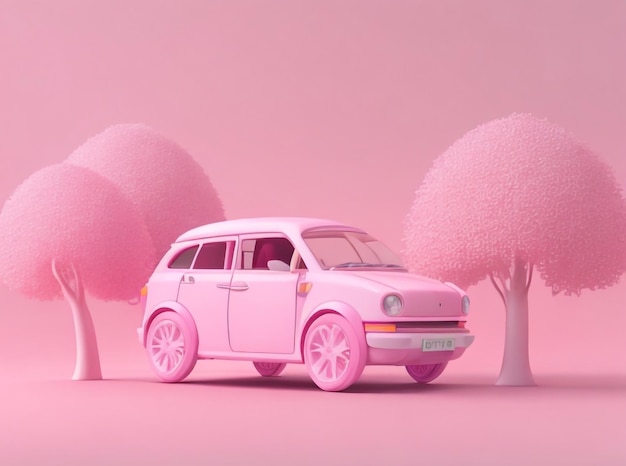 Photo voiture de style dessin animé avec des arbres sur un fond rose pastel