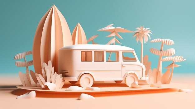 Voiture de style papercut sur la plage avec planche de surf ananas et palmiers avec IA générative