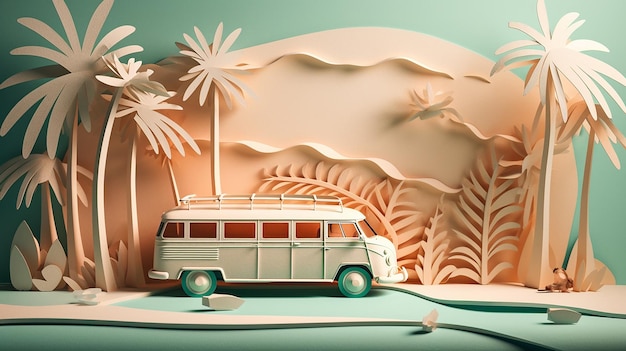 Voiture de style papercut sur la plage avec planche de surf ananas et palmiers avec IA générative