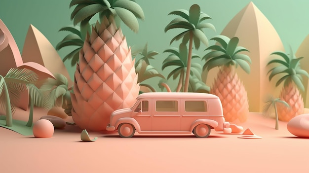 Voiture de style papercut sur la plage avec planche de surf ananas et palmiers avec IA générative