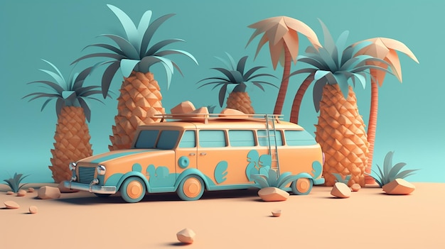Voiture de style papercut sur la plage avec planche de surf ananas et palmiers avec IA générative