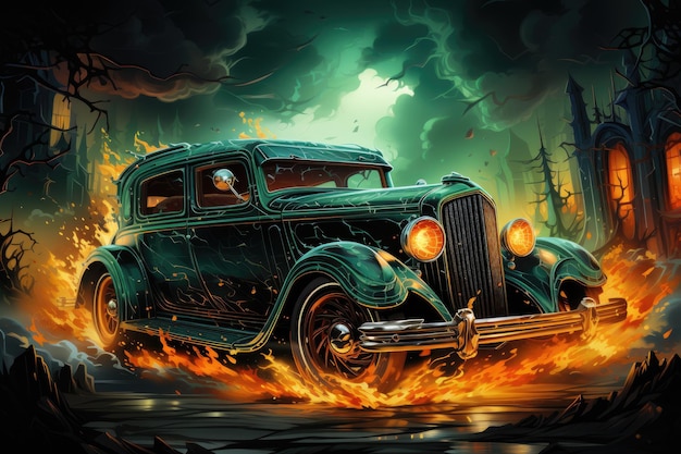 voiture super tuning dans le style des roues chaudes sur fond de feu et de flamme helloween