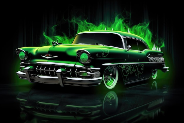 voiture super tuning dans le style des roues chaudes sur fond de feu et de flamme helloween