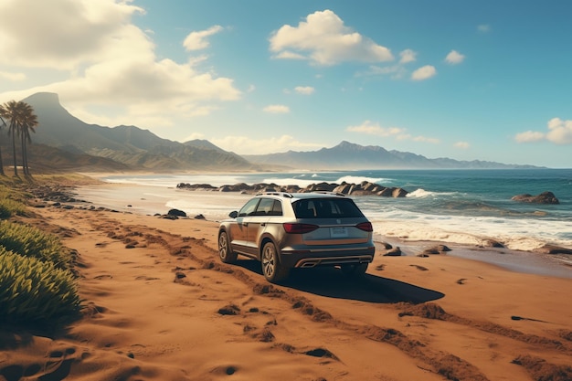 Une voiture SUV argentée moderne roule sur le sable du rivage, vue arrière