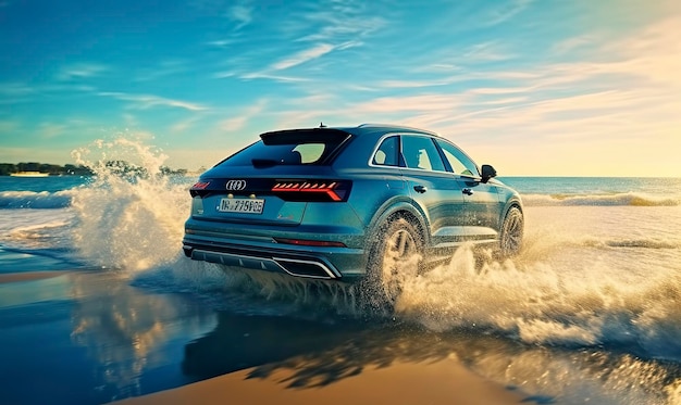 Voiture SUV compacte et design moderne sur une route en béton à la mer sur fond de coucher de soleil magnifique Vue de face de la nouvelle voiture SUV de luxe AI Generative